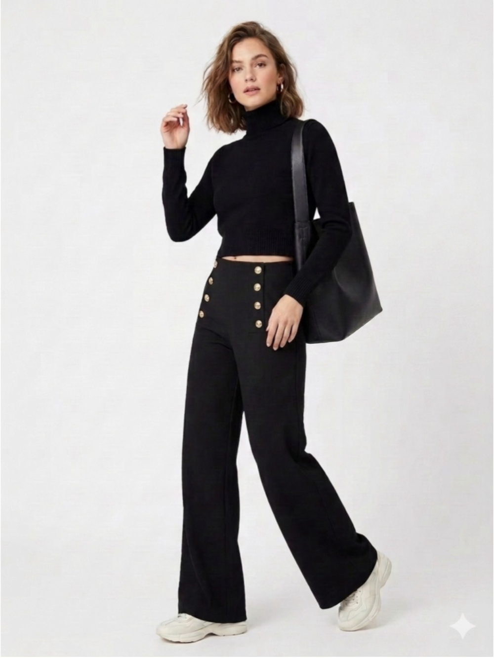 Women's H&M High Waist Black Wide Leg Sailor Pants Gold Button Accent - 687